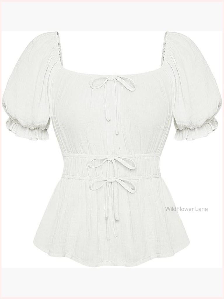 Puff Sleeve Square Neck Peasant Blouse Tie Front Cottagecore Top